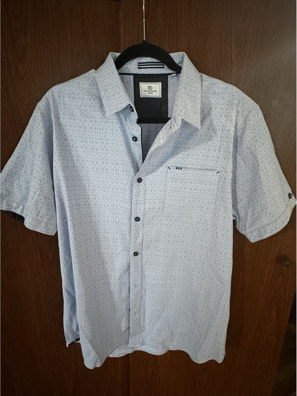 7DIAMONDS Pretzel Logic Shirt Mens L Blue Geometric Stretch Short Sleeve